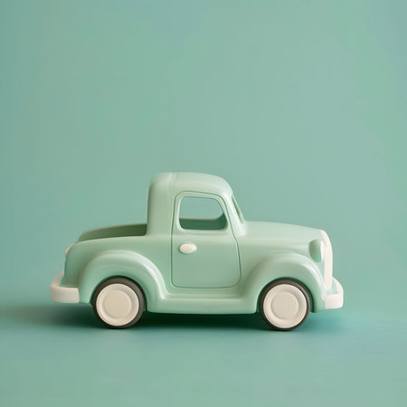 A vintage toy pickup truck in pastel green color against a mint green background, showcasing a minimal and playful aesthetic.の写真素材
