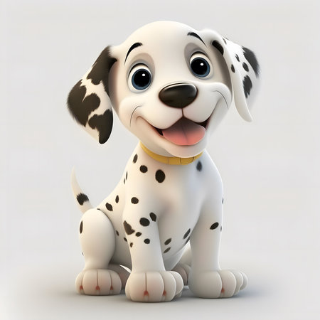 A cute Dalmatian puppy sitting on a white background, smiling with its tongue out.の写真素材