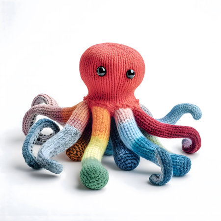A colorful, knitted octopus toy with a rainbow pattern. The octopus is soft and cuddly, perfect for children's play.の写真素材