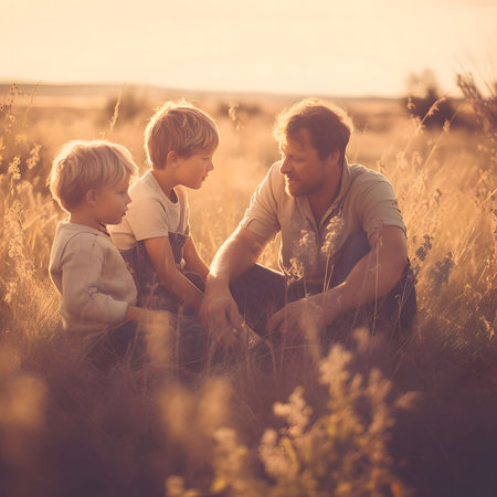 A father and his two young sons enjoying a moment together in a field at sunset. The warm light bathes the scene in a golden glow, highlighting the bond and love shared between them.の素材