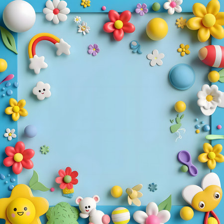 A colorful 3D rendered frame with various floral elements and cute objects around it.