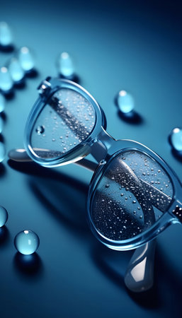 A pair of blue glasses with water drops on them, photographed on a blue background.