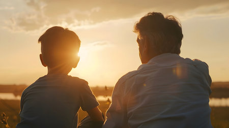 A silhouette of a father and son sitting together, watching the sunset. They are silhouetted against the warm glow of the golden hour, with the sky ablaze with colors. The image evokes a sense of peace, love, and connection.の写真素材