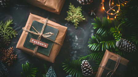 A beautifully wrapped Christmas gift for dad with a simple brown paper and twine. A green pine...