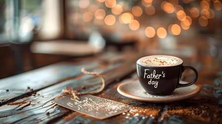 A close-up shot of a coffee cup with the words 'Father's Day' written on it, on a wooden table in a...