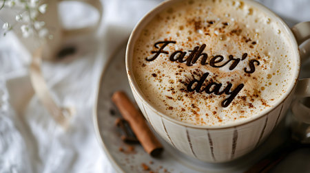 A close-up of a cup of coffee with 'Father's Day' written in chocolate on the foam.の写真素材