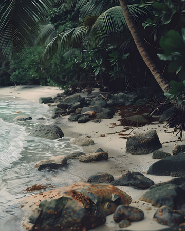 A serene scene of a tropical beach with lush greenery, palm trees, and rocks by the water's edge.