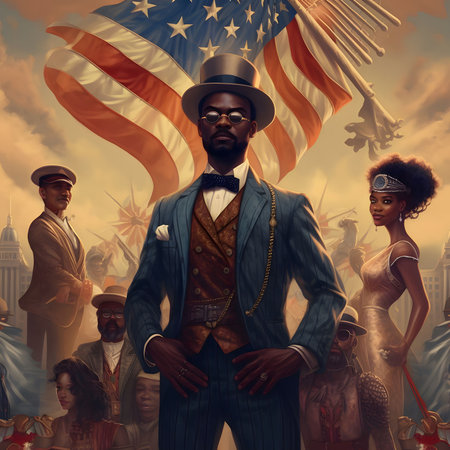 A portrait of a man in a suit standing in front of a large American flag, surrounded by other people. The man is wearing a hat and tie, and his expression is serious.の写真素材