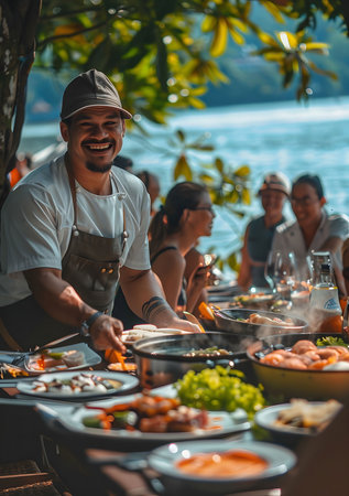 A chef is serving a delicious meal to friends and family at a lakeside party. There are various...