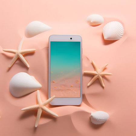 A white smartphone lays on a pink sandy beach with seashells and starfish around it. The phone has a screen with an ocean and beach background.の写真素材