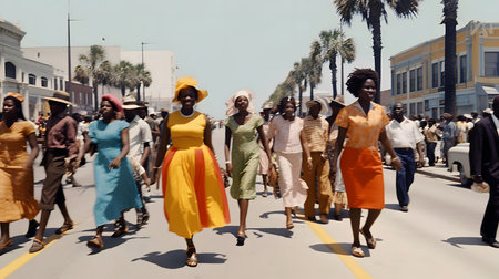 A large group of people walk down a street in a city. The crowd is dressed in colorful clothing, and...