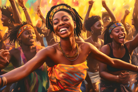 A joyous scene of African women dancing and celebrating in colorful attire. The vibrant colors and...