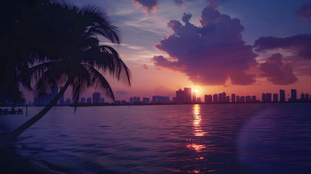 A silhouette of a palm tree on a beach, with the city skyline and a vibrant sunset in the background.の写真素材