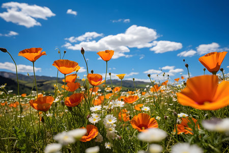 A vibrant field of orange poppies under a blue sky with white clouds. The flowers are in full bloom and the scene is bathed in sunlight.の写真素材