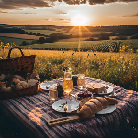 A romantic picnic scene with a breathtaking sunset view. A tablecloth is laid out on the grass with...
