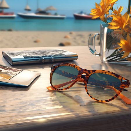 A pair of tortoiseshell sunglasses lies on a wooden table, with a blurred view of a beautiful beach in the background. The table is also decorated with a glass of water, flowers, and other objects. The scene evokes a sense of relaxation, summer, and vacation.の写真素材