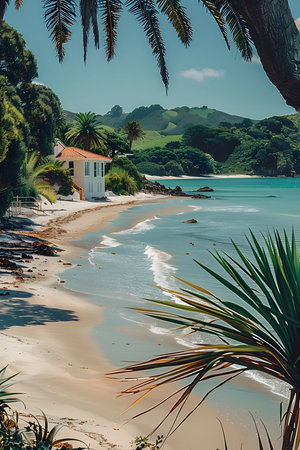 A white beach house sits on a sandy shore, overlooking a turquoise ocean, with lush green trees and palm trees in the background.の写真素材