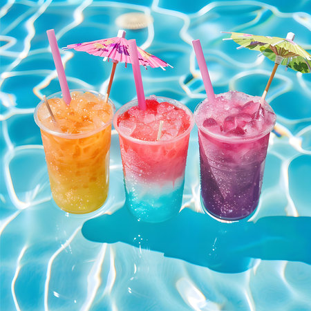 Three colorful drinks floating in a pool on a sunny day, perfect for a summer party.