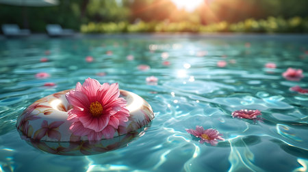 A pink flower is resting on an inflatable pool float, surrounded by other floating flowers in a clear blue pool.の写真素材