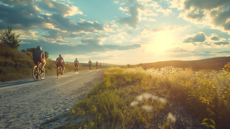 A group of friends enjoys a bike ride along a country road as the sun sets. The vibrant colors of the sky and the rolling hills create a picturesque backdrop for their adventure.の写真素材