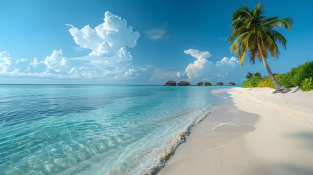 A scenic view of a tropical beach with clear blue water, white sand, a palm tree, and a row of overwater bungalows in the distance.の写真素材