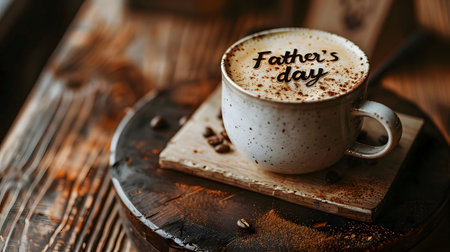 A close-up shot of a cup of coffee with the words 'Father's Day' written in the foam. The coffee is sitting on a wooden table with coffee beans.の写真素材