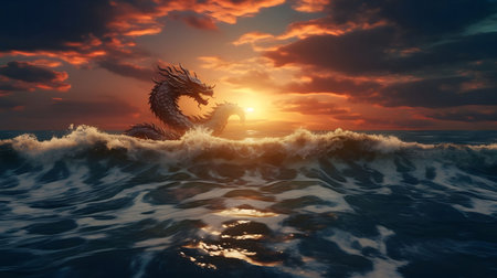 A majestic dragon emerges from the ocean waves as the sun sets in a fiery sky. This digital painting combines the power of nature with the mythical spirit of a dragon.の写真素材