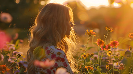 A woman with long blonde hair stands in a field of flowers, bathed in the warm golden light of...