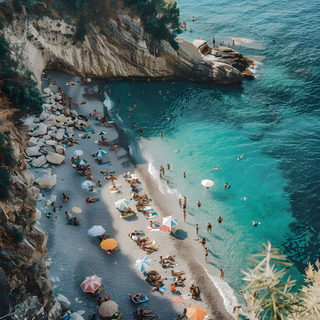 A breathtaking aerial view of a secluded beach cove with turquoise waters and sunbathers relaxing...