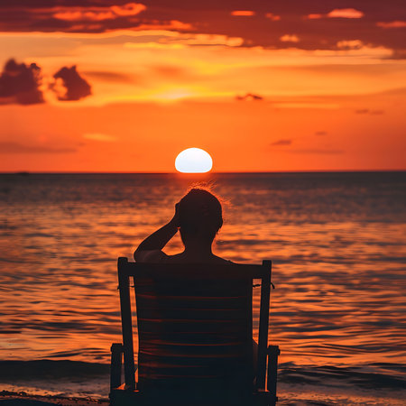 A silhouette of a person sitting on a chair facing the ocean at sunset. The warm colors of the sky reflect on the water, creating a beautiful and peaceful scene.の写真素材