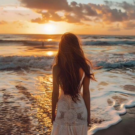 A woman stands on a beach with her back turned to the camera, facing a stunning golden sunset over the ocean.の写真素材