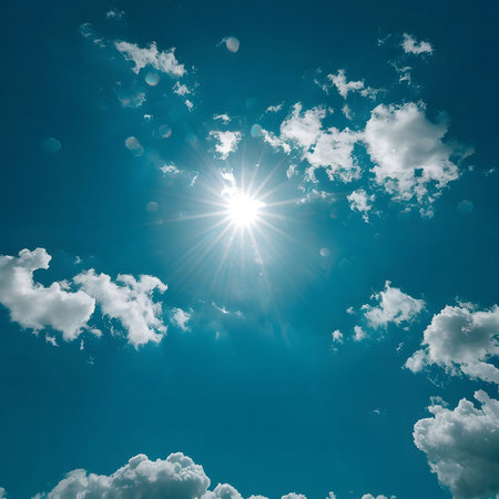 The sun shines bright through the white fluffy clouds in a beautiful blue sky.
