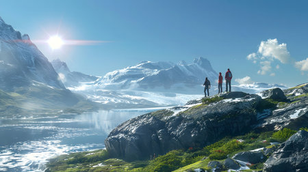 Three hikers stand on a rocky outcrop, overlooking a stunning mountain landscape with a glacial lake...