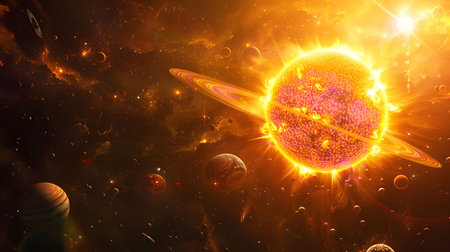 A fiery star system in a galaxy with planets and nebulae.