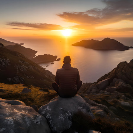 A lone man sits on a rock overlooking a vast expansion of water and mountains, silhouetted against...