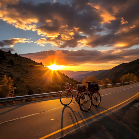 Two bicycles parked on a winding road, enjoying the golden hour and the breathtaking mountain sunset.の写真素材