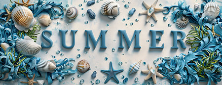 A beautiful summery composition featuring seashells and starfish on a blue and white background. The...
