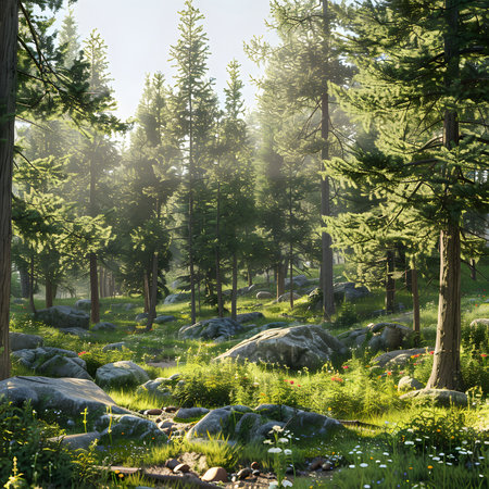 Sunlight peeks through the dense canopy of pine trees in a tranquil forest, casting warm light on the mossy ground and lush vegetation.の写真素材
