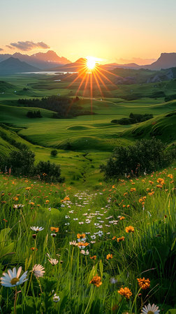 A mesmerizing sunset over a lush green valley with a meadow in the foreground dotted with...