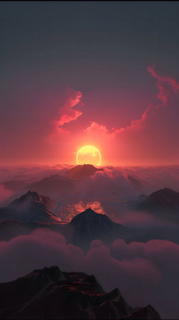 A breathtaking sunset over a mountain range, the sky ablaze with vibrant colors.