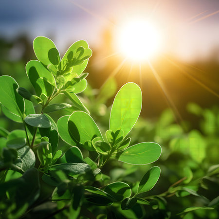 A close-up view of green leaves bathed in the warm glow of the sun.の写真素材