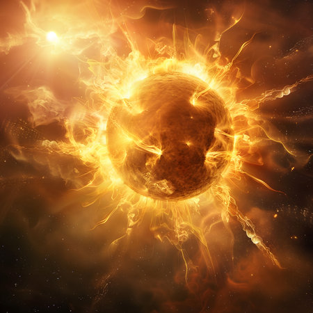 A dramatic image of a star exploding in space. The image is filled with fire and energy, creating a...