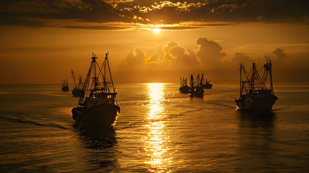A scenic view of fishing boats silhouetted against a vibrant sunset over the ocean.