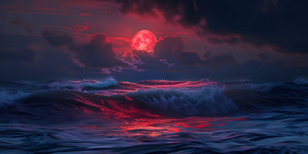 A red moon shines brightly over the calm ocean, casting a mystical glow on the waves and clouds. The...