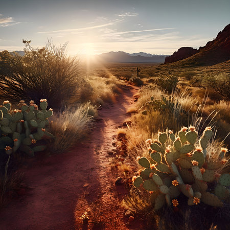 A winding dirt path leads through a desert landscape towards a majestic sunset. The path is bordered by cacti and brush, and the sky is filled with warm hues of orange, pink, and purple.の写真素材