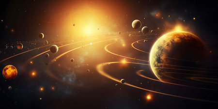 A mesmerizing depiction of a solar system with a golden sun and planets orbiting around it. The...
