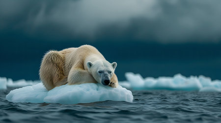 A polar bear rests on an ice floe in the Arctic Ocean. The bear is sleeping or resting, with its...