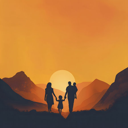 A silhouette of a family, including a father, mother, daughter, and son, walking together against a backdrop of a breathtaking sunset in a mountainous landscape. The image conveys a sense of togetherness, adventure, and the beauty of nature.の写真素材