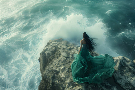 A woman in a long green dress stands on a cliff edge, with wild waves crashing below her, creating a dramatic and beautiful seascape.の写真素材