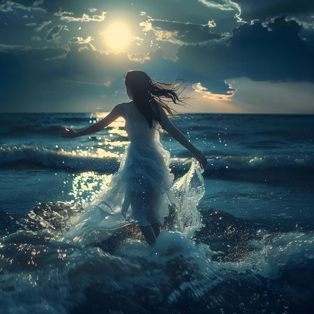 A woman in a white dress walks through the ocean waves at sunset, her silhouette illuminated by the setting sun.の写真素材